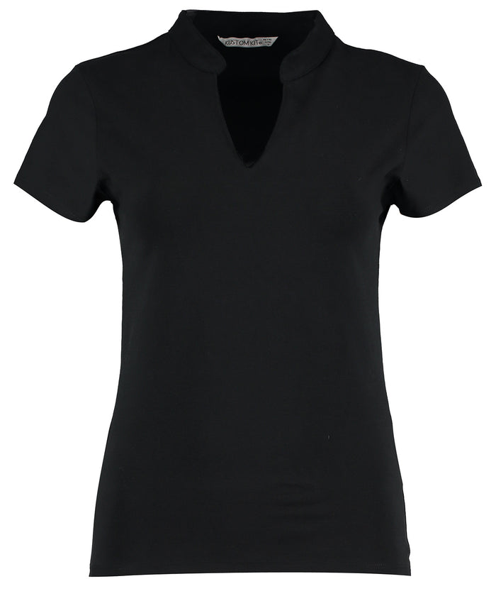Kustom Kit Women's Corporate Short-sleeved Top V-neck Mandarin Collar (regular Fit) - Black