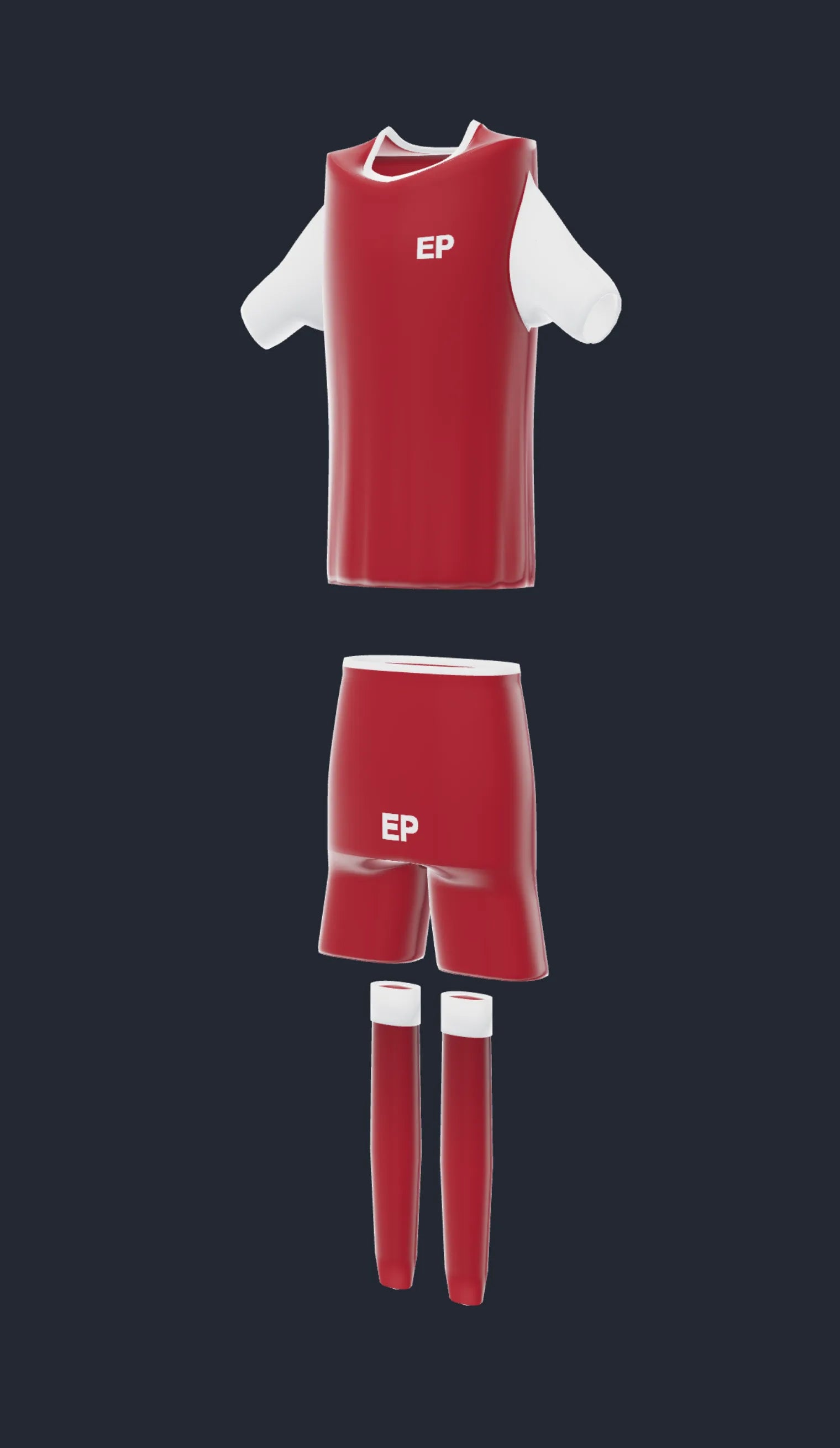 A red football kit turning on a stand — shirt, shorts and socks — with a crest on the chest and the name SMITH over a number 9 on the back.